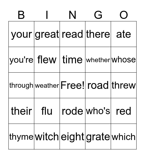 Homophones Bingo Card