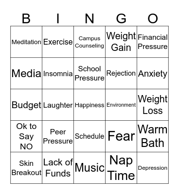 Stress Management Bingo Card