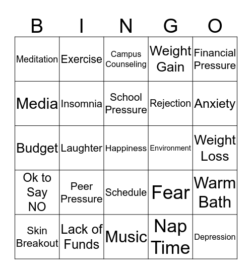 Stress Management Bingo Card
