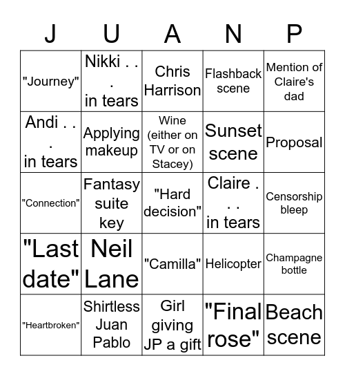 Bachelor Finale Bingo Card