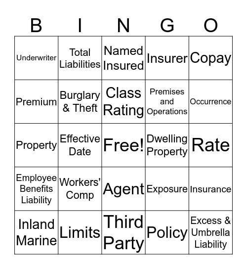 Insurance Bin Bingo Card