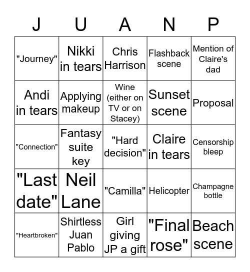 Bachelor Finale Bingo Card