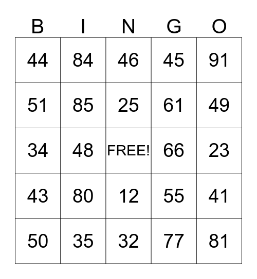 Two Digit Bingo Card