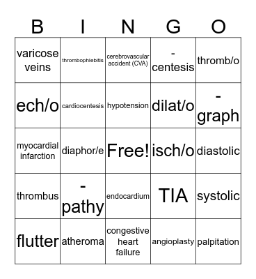 CARDIOVASCULAR SYSTEM Bingo Card