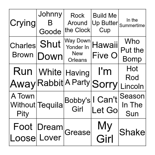 Oldies Bingo Card