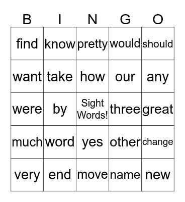 Sight Word Bingo Card