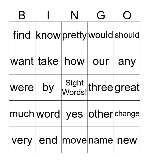 Sight Word Bingo Card