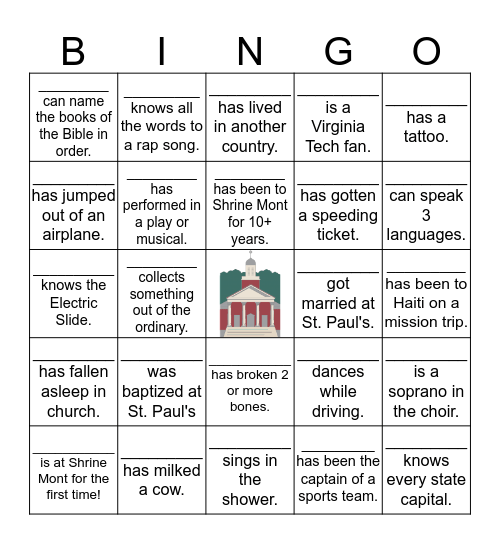 St. Paul's Bingo Card