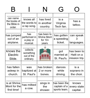 St. Paul's Bingo Card