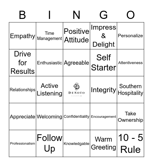 Hospitality Bingo Card