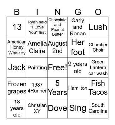 Lia's Bridal Bingo Card
