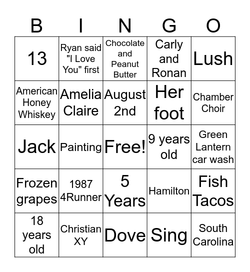 Lia's Bridal Bingo Card