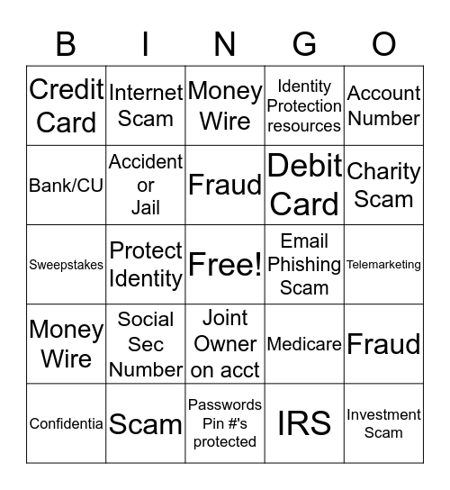 Stop Senior Scammers Bingo Card