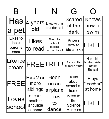 K1 Student Bingo Card