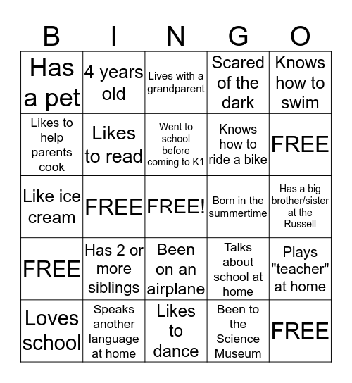 K1 Student Bingo Card