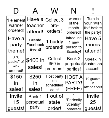 Dawn's Scentsy Hostess Challenge! Bingo Card