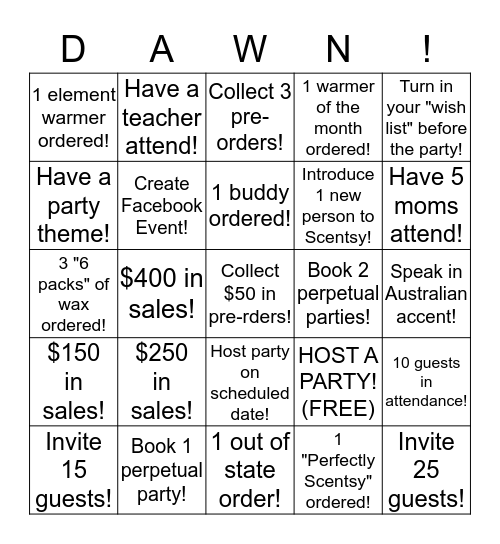 Dawn's Scentsy Hostess Challenge! Bingo Card