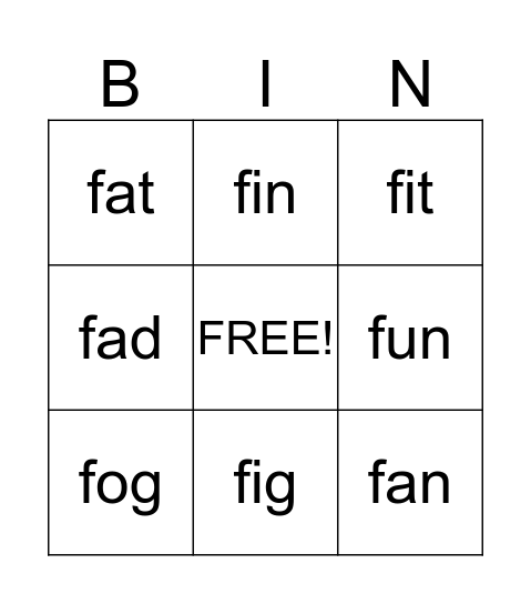 Dictation words f Bingo Card