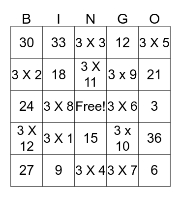 3 Times Table Bingo Card