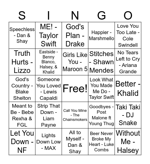 Today's Hits 2019 Bingo Card