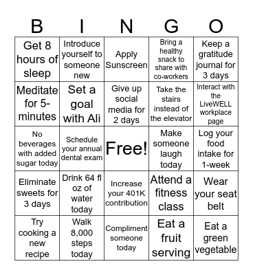 LiveWELL Bingo Card