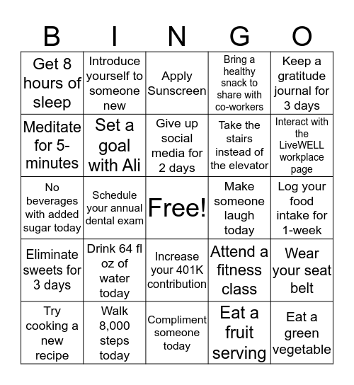 LiveWELL Bingo Card