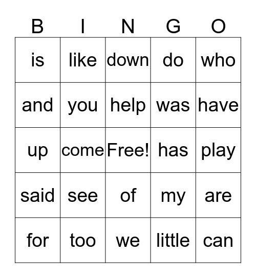 Sight Word Bingo Card