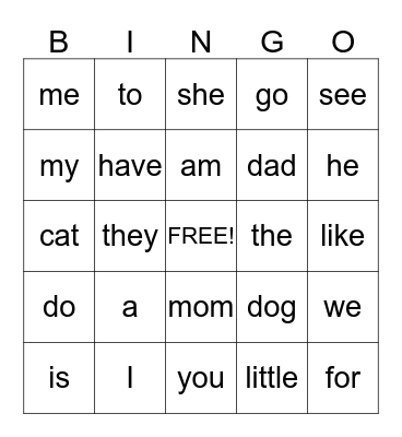 Reading Vocabulary Words Bingo Card