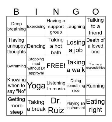 Stress Relief Bingo Card