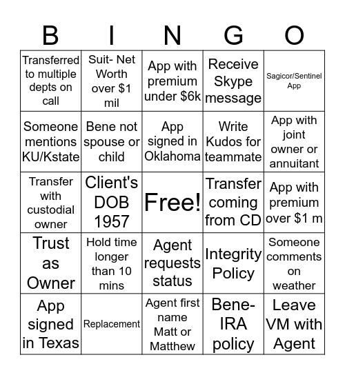 Annuity Ops Bingo Card