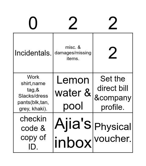 Comfort Inn Bingo Card