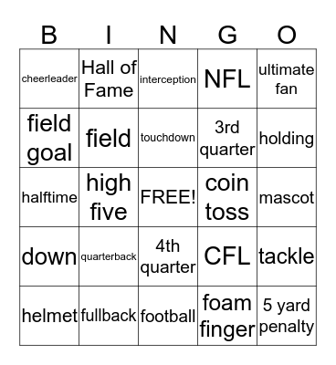 Nathan's Football Birthday Bingo Card