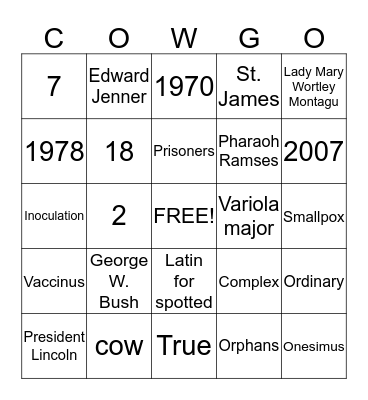 Smallpox Bingo Card