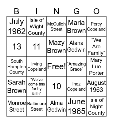 Copeland Family Bingo Card