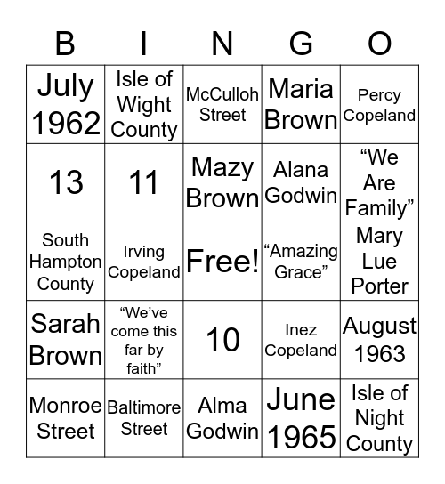 Copeland Family Bingo Card