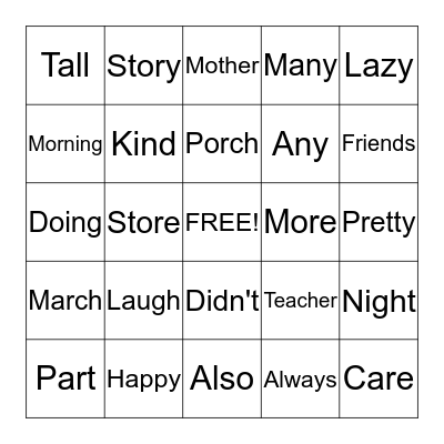 Word Study Review Bingo Card