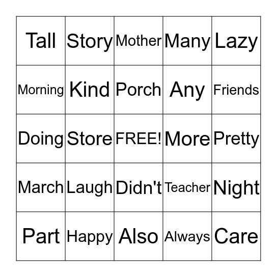 Word Study Review Bingo Card