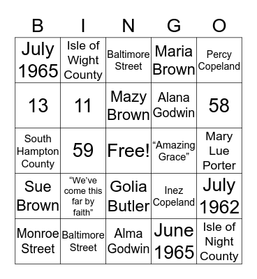 Copeland Family Bingo Card