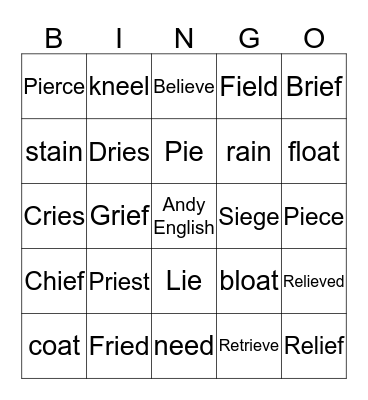 Vowel Digraphs: ie Bingo Card