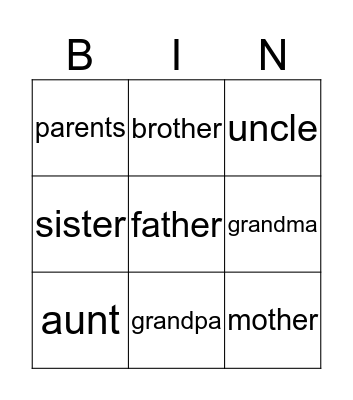 Family Members Bingo Card