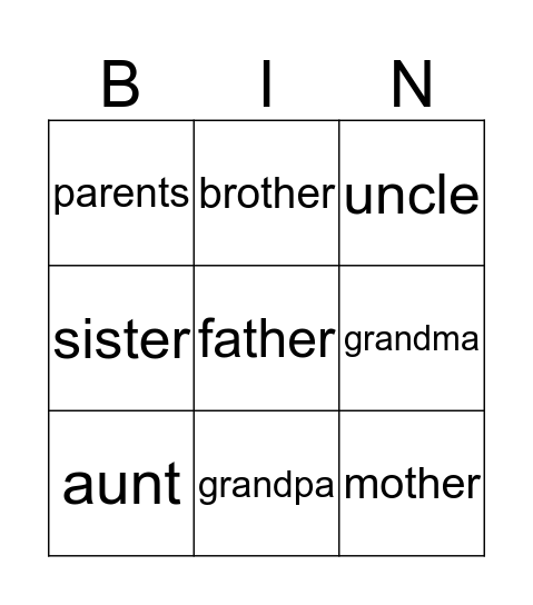 Family Members Bingo Card