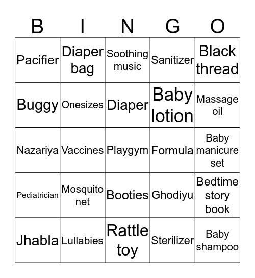 Devyani's Baby Shower Bingo Card