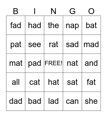 Short "a" Bingo Card