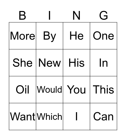 Spelling Word Bingo Card