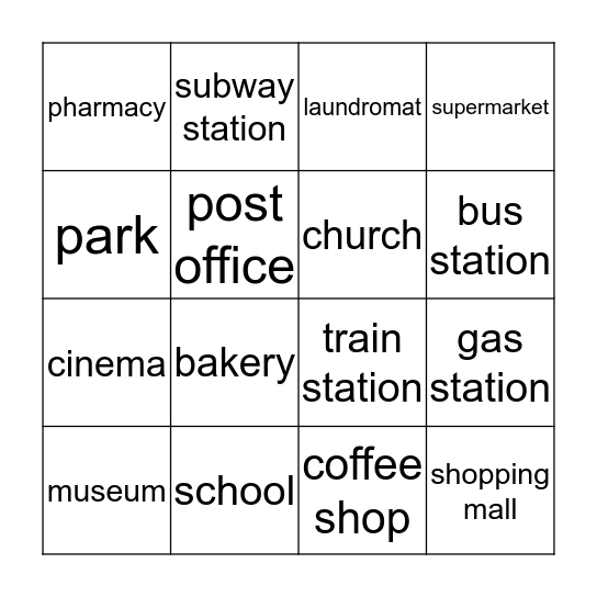 Places in Town Bingo Card