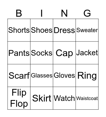 Clothes Bingo Card
