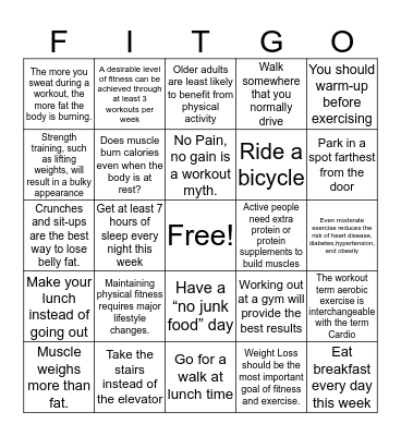 Fitness Bingo Card
