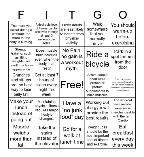 Fitness Bingo Card