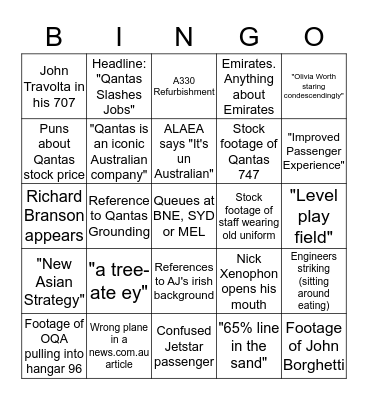 The Qantas Half Yearly Results Press Coverage Game Bingo Card