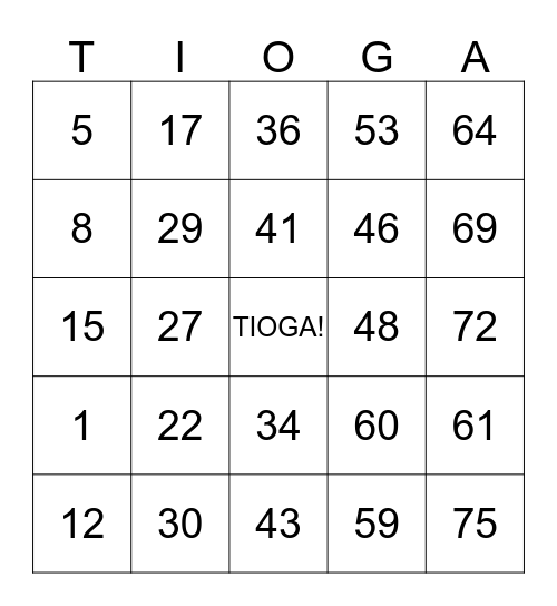 Tioga Bonkers Bingo Card